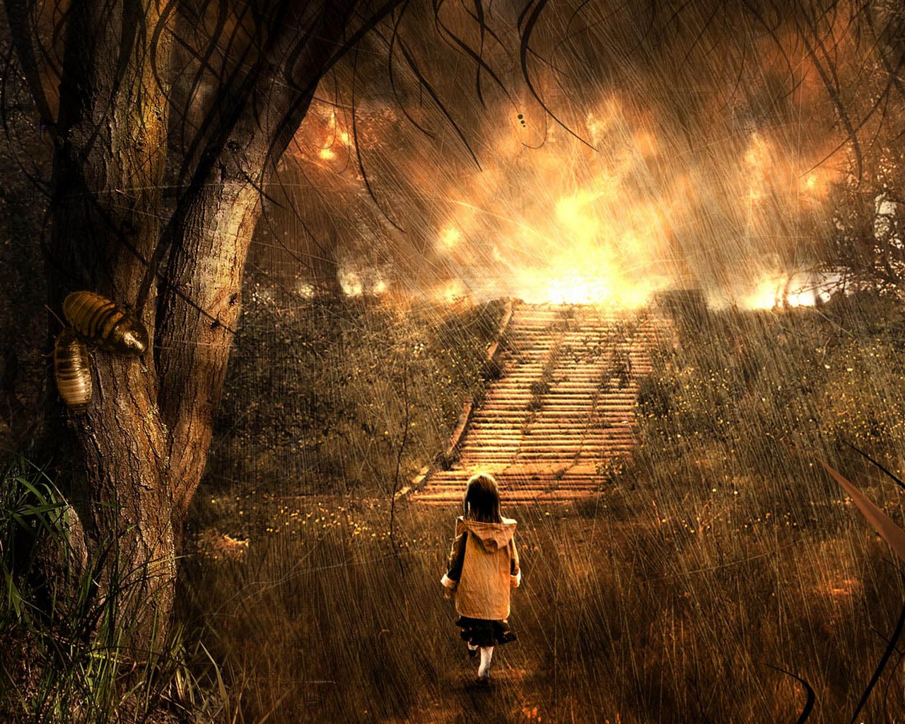 3d обои Девочка под неистовым дождём идёт через лес к лестнице, за которой садится солнце  солнце # 81624