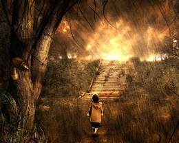3d обои Девочка под неистовым дождём идёт через лес к лестнице, за которой садится солнце  солнце