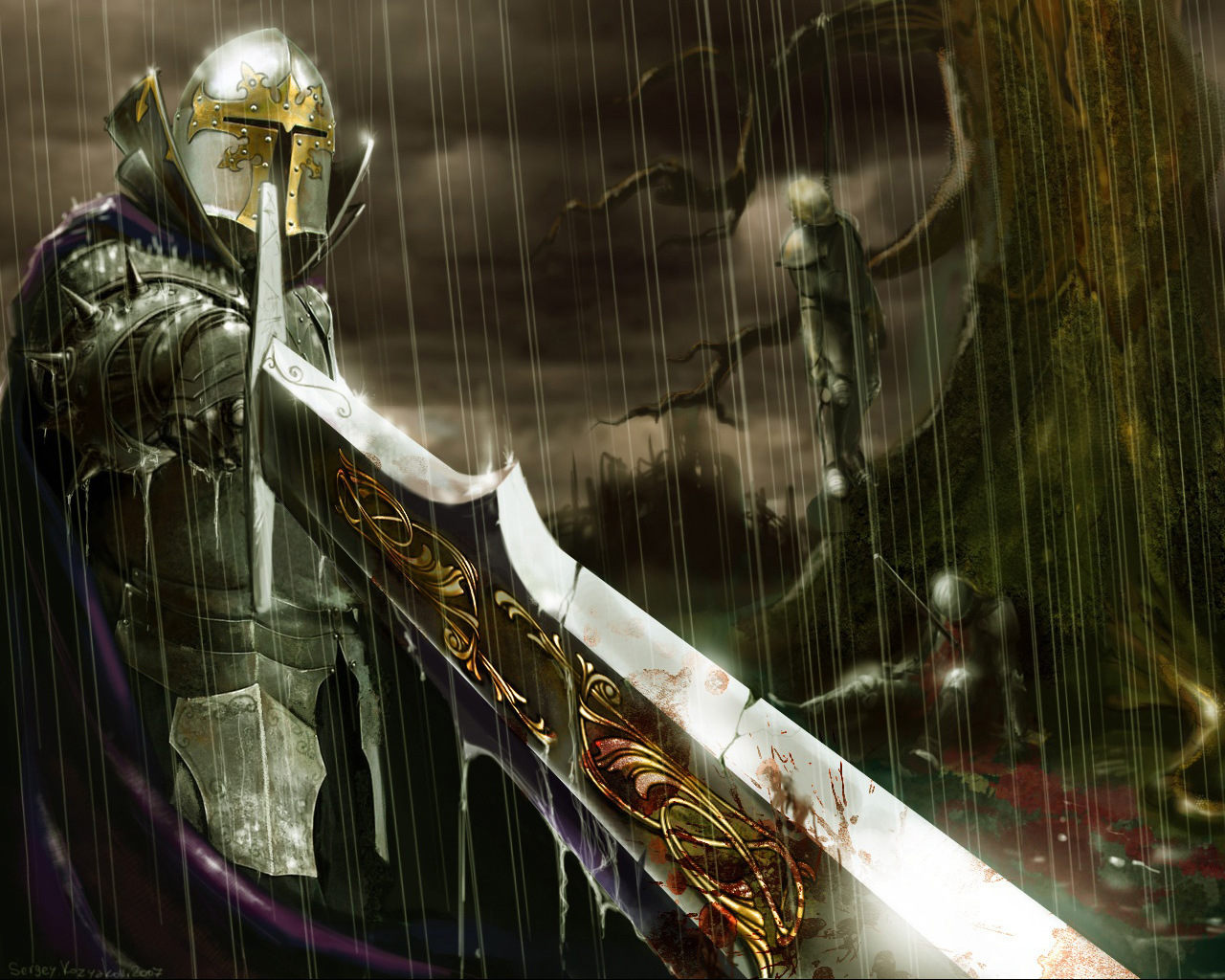3d обои Рыцарь с окрававленным мечом в сильный дождь  деревья # 32208