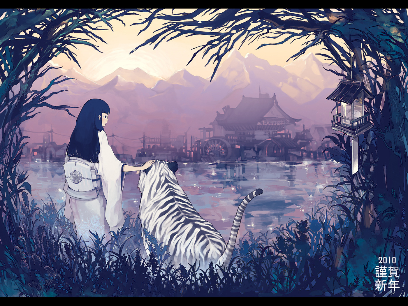 3d обои Девушка и тигр смотрят через реку на деревню  1400х1050 # 4859
