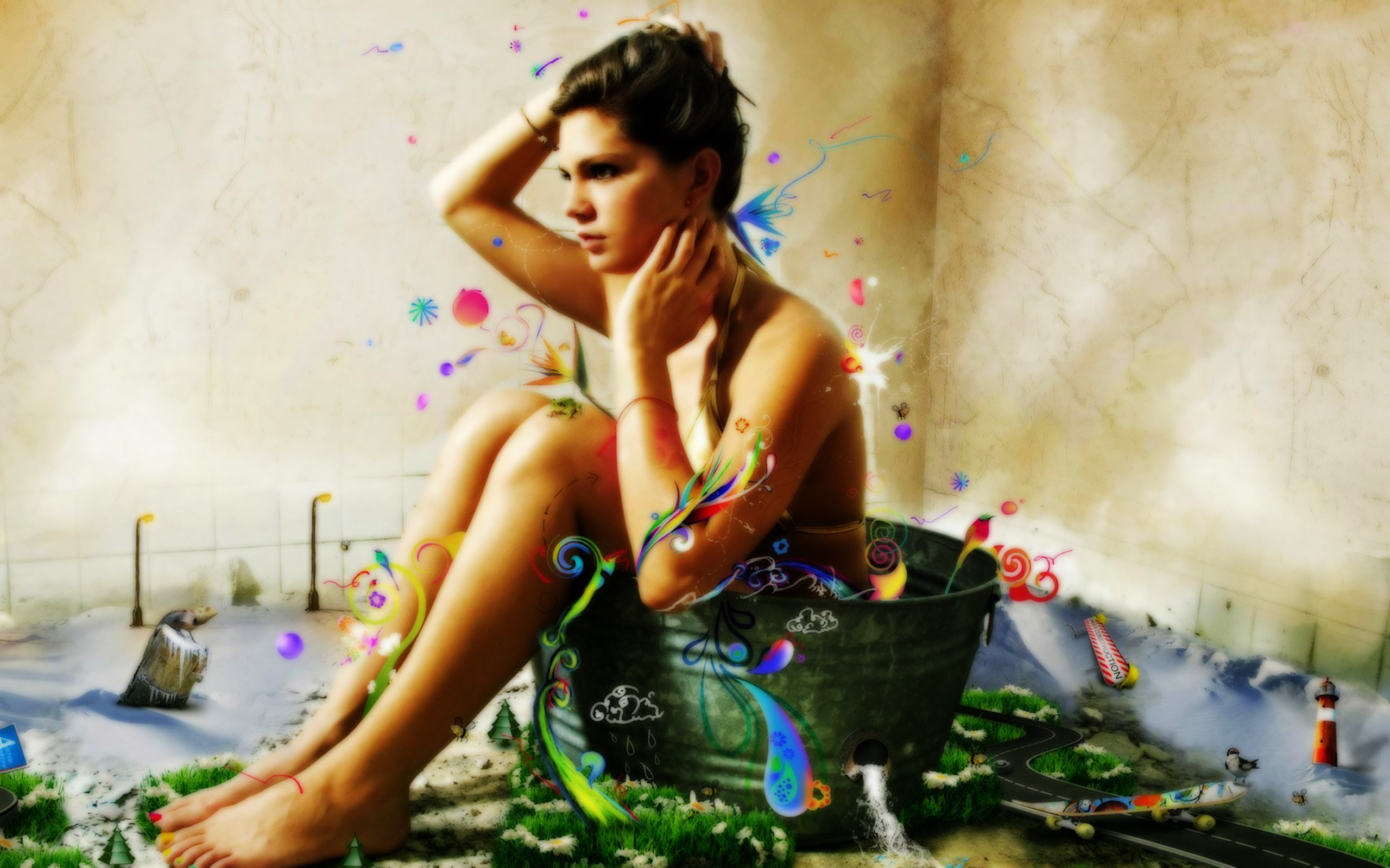 3d обои Девушка сидит в железной ванночке, вокруг нее сказочный мини мирок  ретушь # 76401