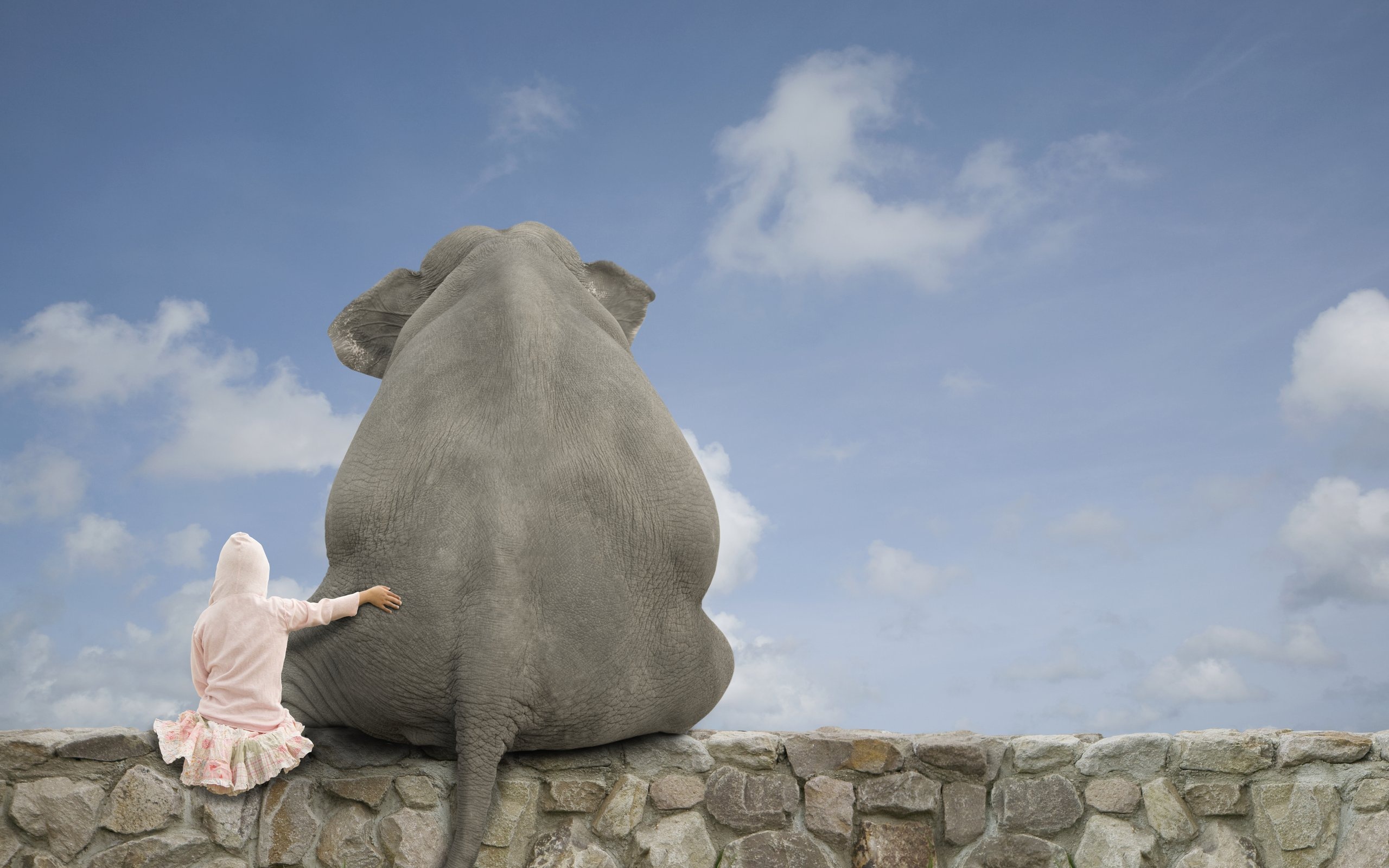 3d обои Девочка обнимает своего единственного друга - огромного слона  сюрреализм # 82186