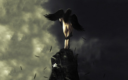 3d обои Обнаженный ангел с черными крыльями на скале  фэнтези