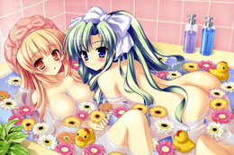 3d обои Две обнаженные анимешки в ванной с цветами и утятами  вода