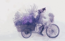 3d обои Девушка везет цветы в огромной корзине на велосипеде  рисунки