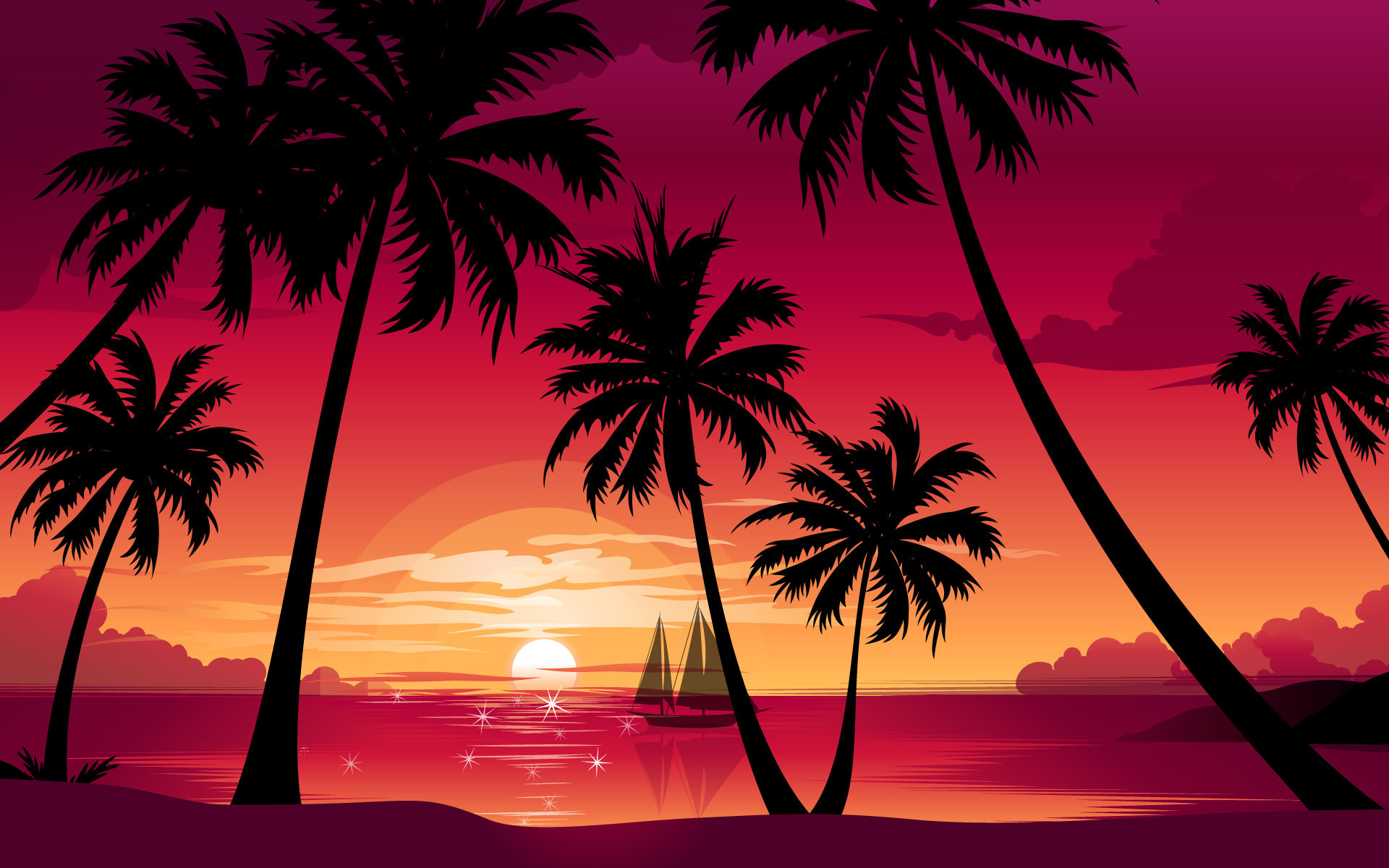 3d обои Парусник и пальмы на фоне заката на море  солнце # 81607
