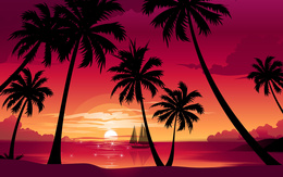 3d обои Парусник и пальмы на фоне заката на море  солнце