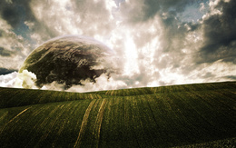 3d обои Планета за холмами среди облаков  сюрреализм