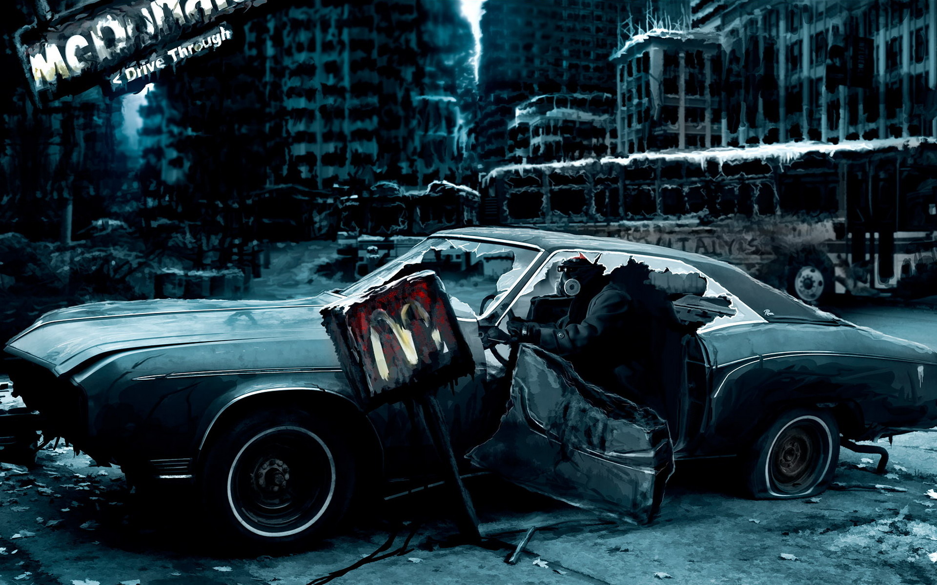 3d обои Постапокалиптический рисунок, разбитая машина, человек в противогазе, вывеска McDonalds drive througt  авто # 18804