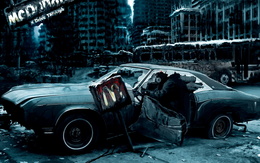 3d обои Постапокалиптический рисунок, разбитая машина, человек в противогазе, вывеска McDonalds drive througt  авто