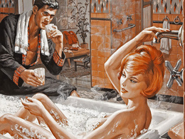 3d обои Рыжая девушка принимает ванну, на краю который сидит мужчина и смотрит на нее протягивая стакан сока (SPollen)  эротические