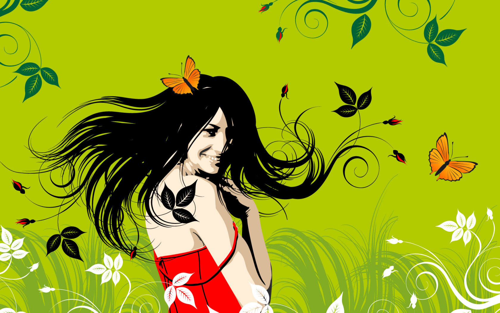 3d обои Позитивная девушка с бабочкой на голове  листья # 50785