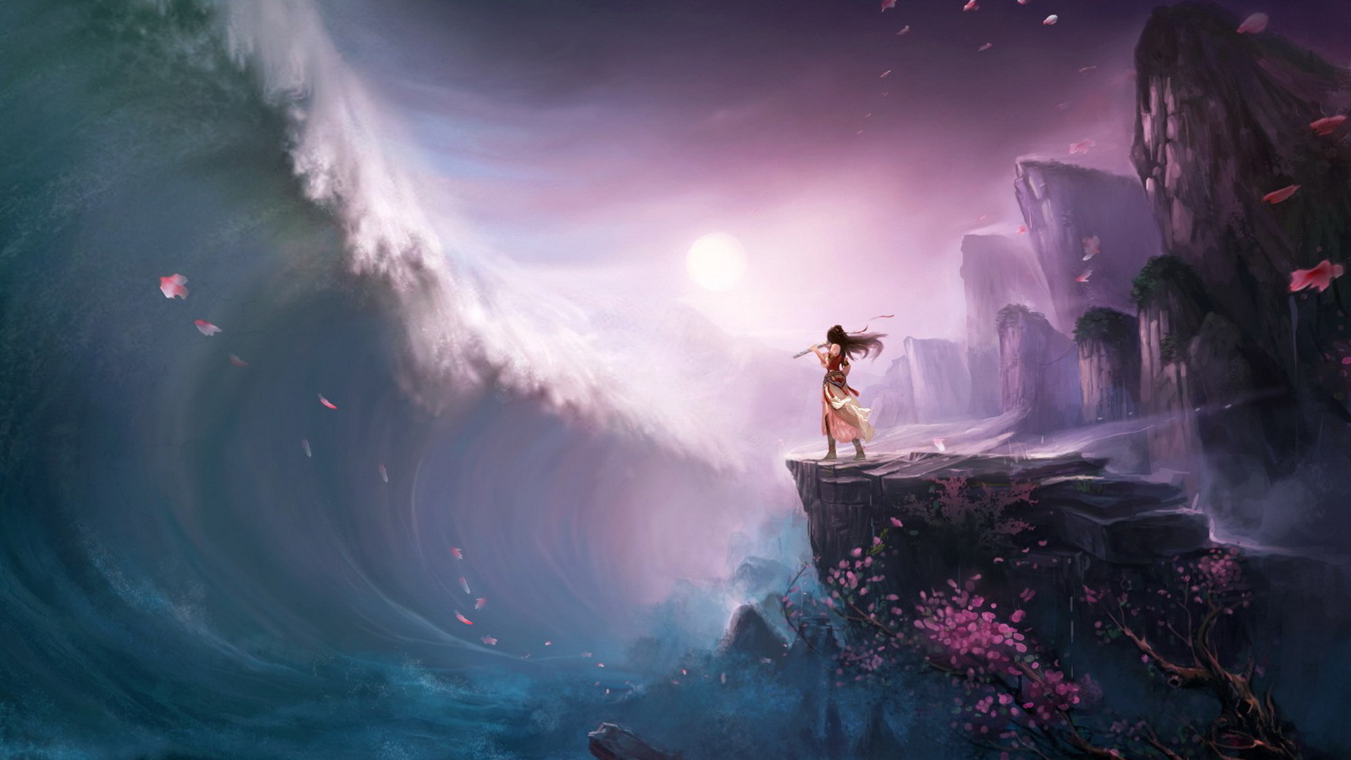3d обои Девушка с флейтой в восточном наряде рядом с огромной волной цунами в цветах цветущей сакуры  вода # 21496