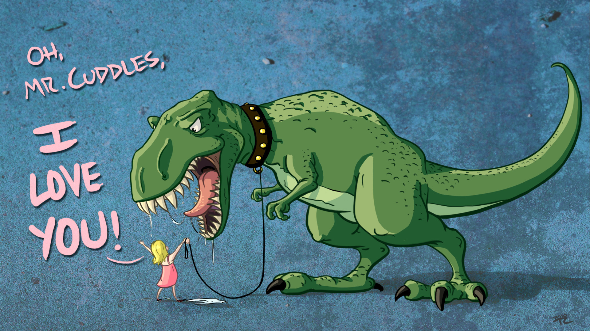 3d обои Девочка с динозавром на поводке (OH, Mr. Cuddles, I love you!)  динозавры # 34240