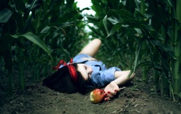 3d обои Белоснежка откусила кусочек отравленного яблока и теперь лежит в кукурузном поле  сказки
