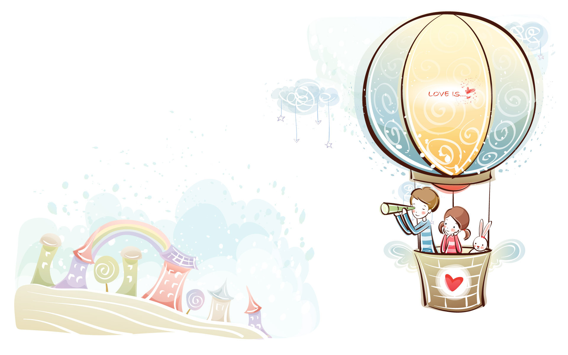 3d обои Девочка, мальчик и зайчик летят на воздушном шаре (Love is...)  воздушные шары # 23286