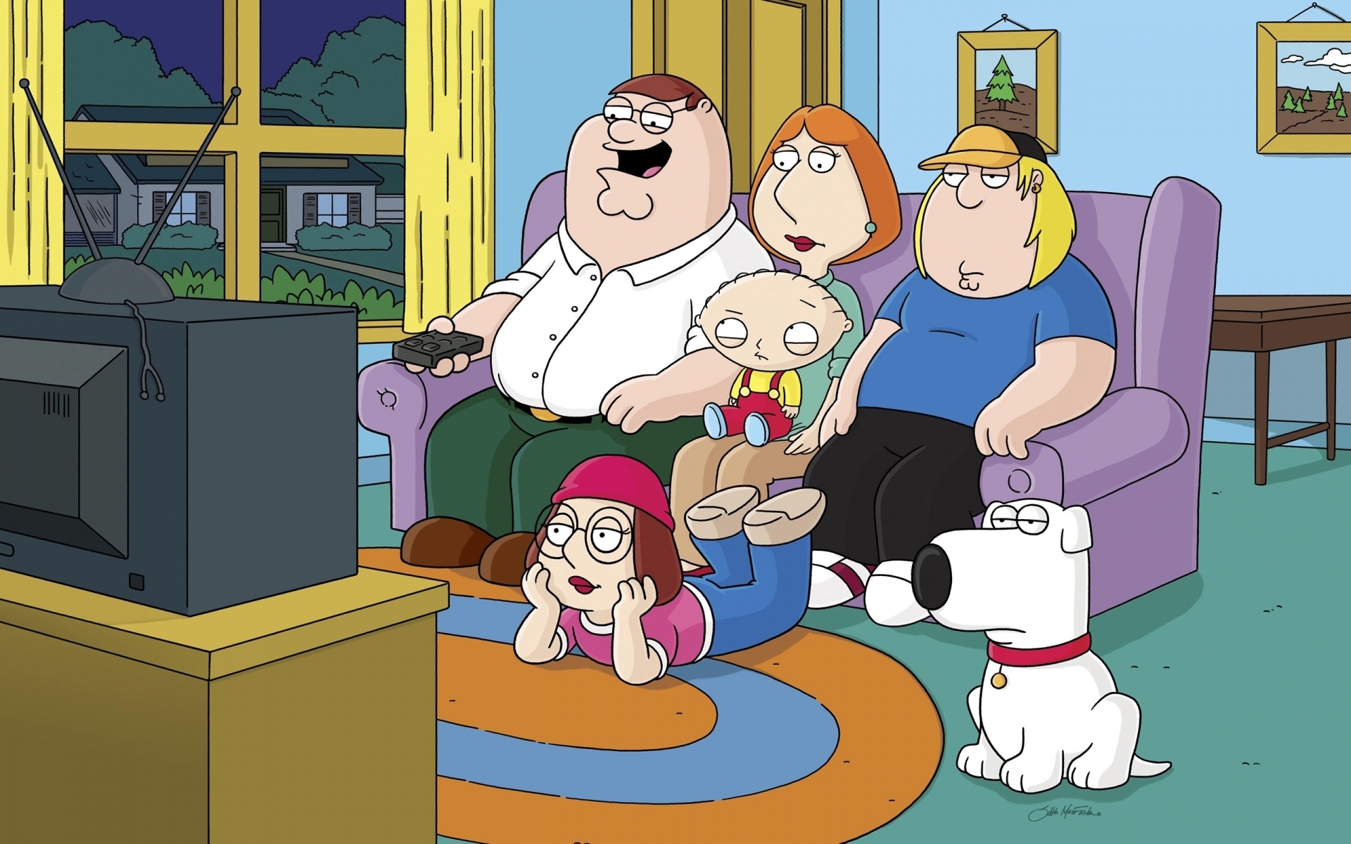 3d обои Семья Гриффинов перед телевизором из мультфильма Гриффины / Family Guy  мужчины # 57256