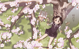 3d обои Счастливая девочка под цветущей сакурой  цветы