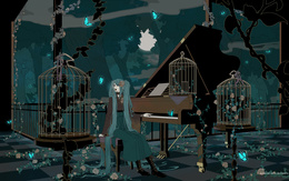 3d обои Вокалоид Хатсуне Мику сидит на веранде, играет на фортепьяно и поёт, рядом стоят большие пустые клетки, оплетённые дикими розами и летают неоновые бабочки  музыка