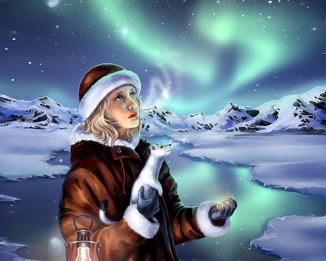 3d обои Девушка плачет глядя на северное сияние, на руках у нее сидит белый писец  зима # 40764
