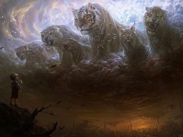 3d обои Мальчик наблюдает как из облаков вырисовываются фигуры диких животных  леопарды