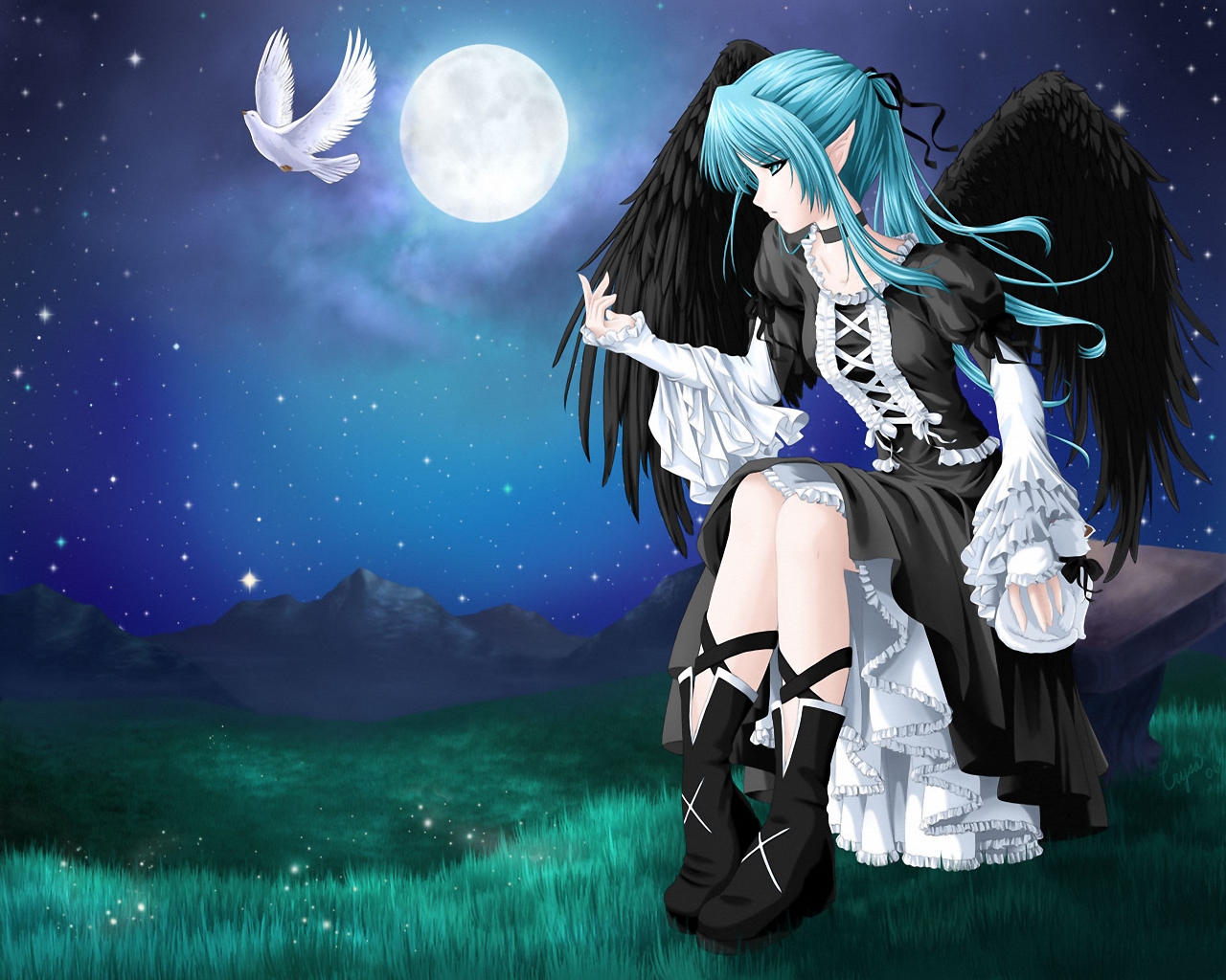3d обои Девушка с чёрными крыльями лунной ночью сидит на скамейке и смотрит на улетающего с её руки белого голубя  манга # 53130