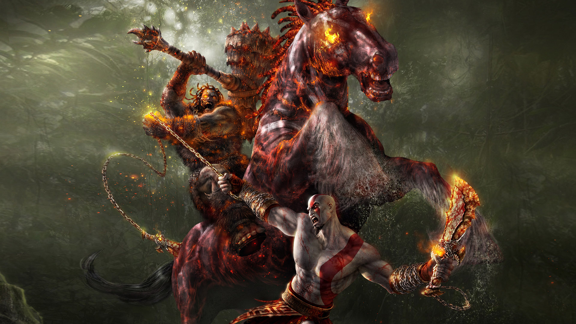 3d обои Монстр в огне на огненном коне сражается огромным молотом с мужчиной с цепью  лошади # 51227