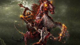 3d обои Монстр в огне на огненном коне сражается огромным молотом с мужчиной с цепью  лошади