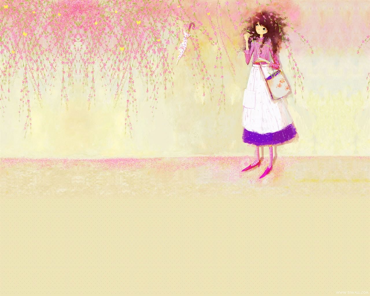 3d обои Девушка стоит под свисающими со стены цветами в которых запутался зонтик и летают жёлтые бабочки  цветы # 86296