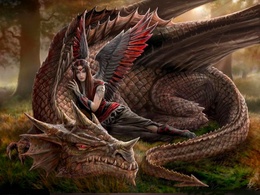 3d обои Дракон и ангел отдыхают на поляне в лесу  драконы