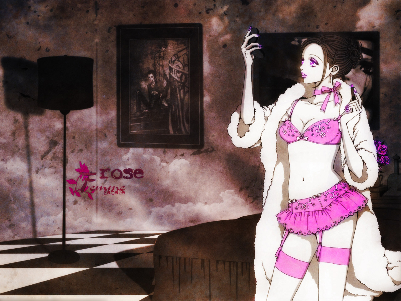 3d обои Девушка из аниме Nana в розовом нижнем белье и шубке стоит в комнате у кровати с помадой в руке и смотрится в зеркальце (rose Femme fatale)  аниме # 19799