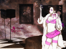 3d обои Девушка из аниме Nana в розовом нижнем белье и шубке стоит в комнате у кровати с помадой в руке и смотрится в зеркальце (rose Femme fatale)  эротические