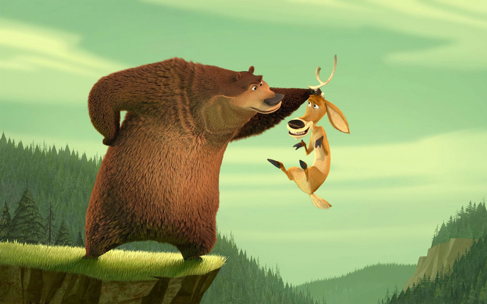 3d обои Мультфильм Сезон охоты, медведь держит лося за рога над обрывом  медведи # 53292