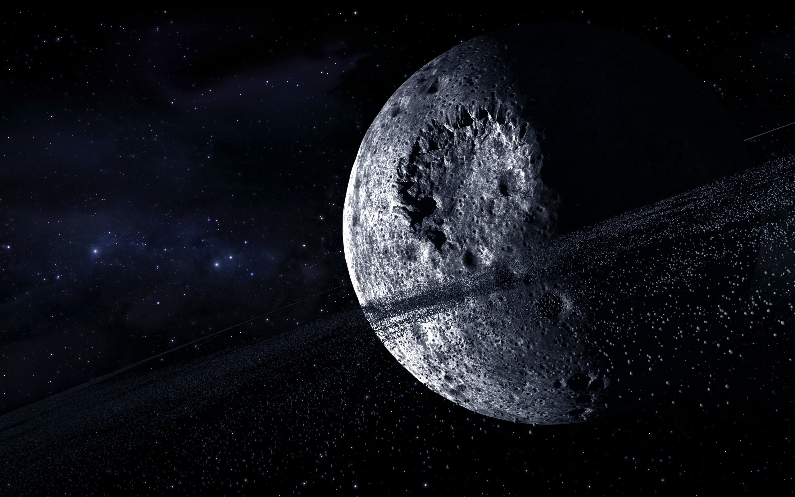 3d обои Мертвая звезда испещренная кратерами от астероидов, с астероидным поясом на орбите  3d графика # 17459