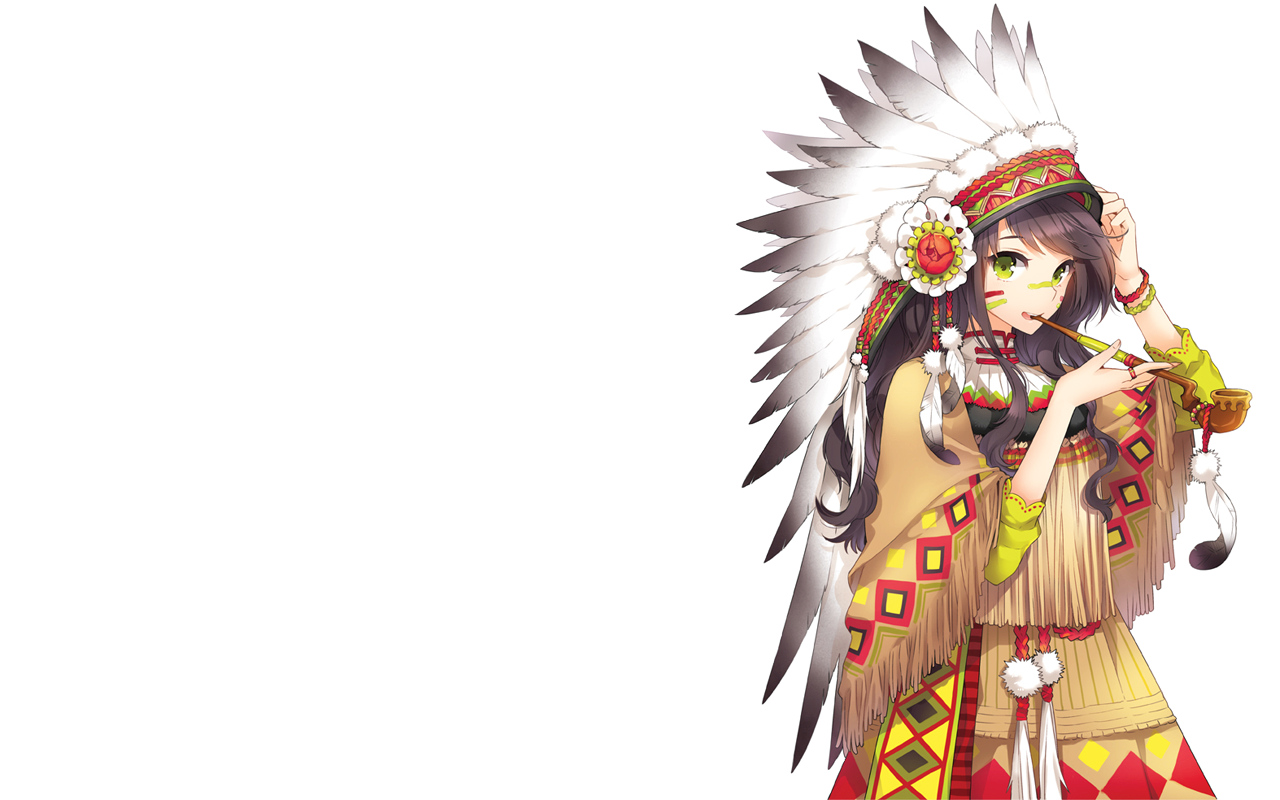 3d обои Анимешная девушка в костюме индейца с трубкой  минимализм # 54501