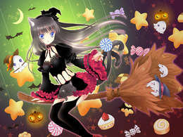 3d обои Хэллоуин в стиле аниме - неко-ведьмочка с кошкой сидит на метле, окружённая маленькими привидениями, летучими мышами, тыковками, звёздочками и сладостями  летучие мыши