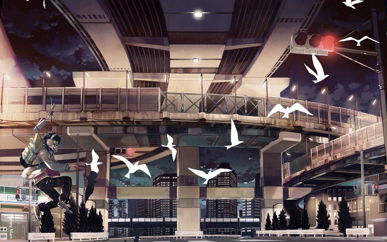 3d обои Парень и бумажные птицы в ночном городе  манга # 53114