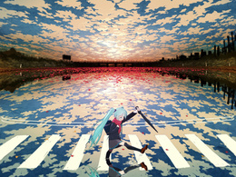 3d обои Вокалоид Мику с зонтиком осенним вечером идёт по зебре нарисованной на воде в которой отражается небо  предметы