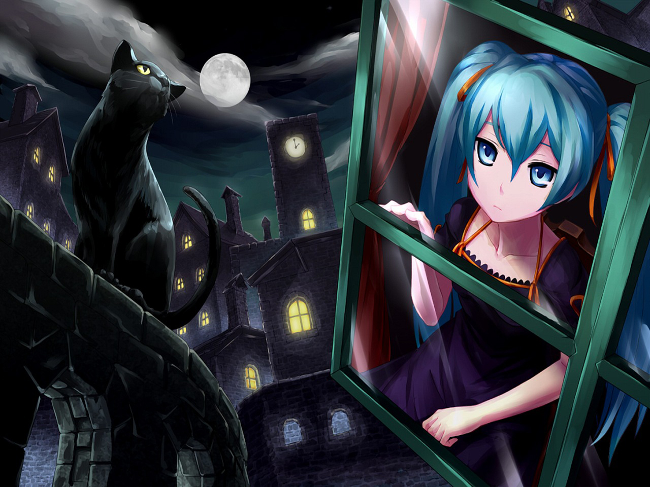 3d обои Хатсуне Мику ночью стоит у окна и смотрит на чёрного кота сидящего напротив  луна # 51429