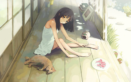 3d обои Девушка рядом с кошкой и тарелкой обглоданных арбузных корок сидит на веранде  предметы