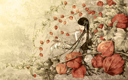 3d обои Девушка в зарослях физалиса (wallpaper by Gabychan; Scan by Saikusa; Artwork by Nao Tukiji)  рисунки