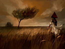 3d обои Девушка с красным треугольником вместо головы посреди поля  деревья