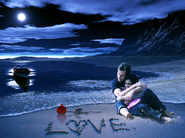 3d обои Парень с девушкой на морском берегу, на песке слово LOVE-любовь  луна