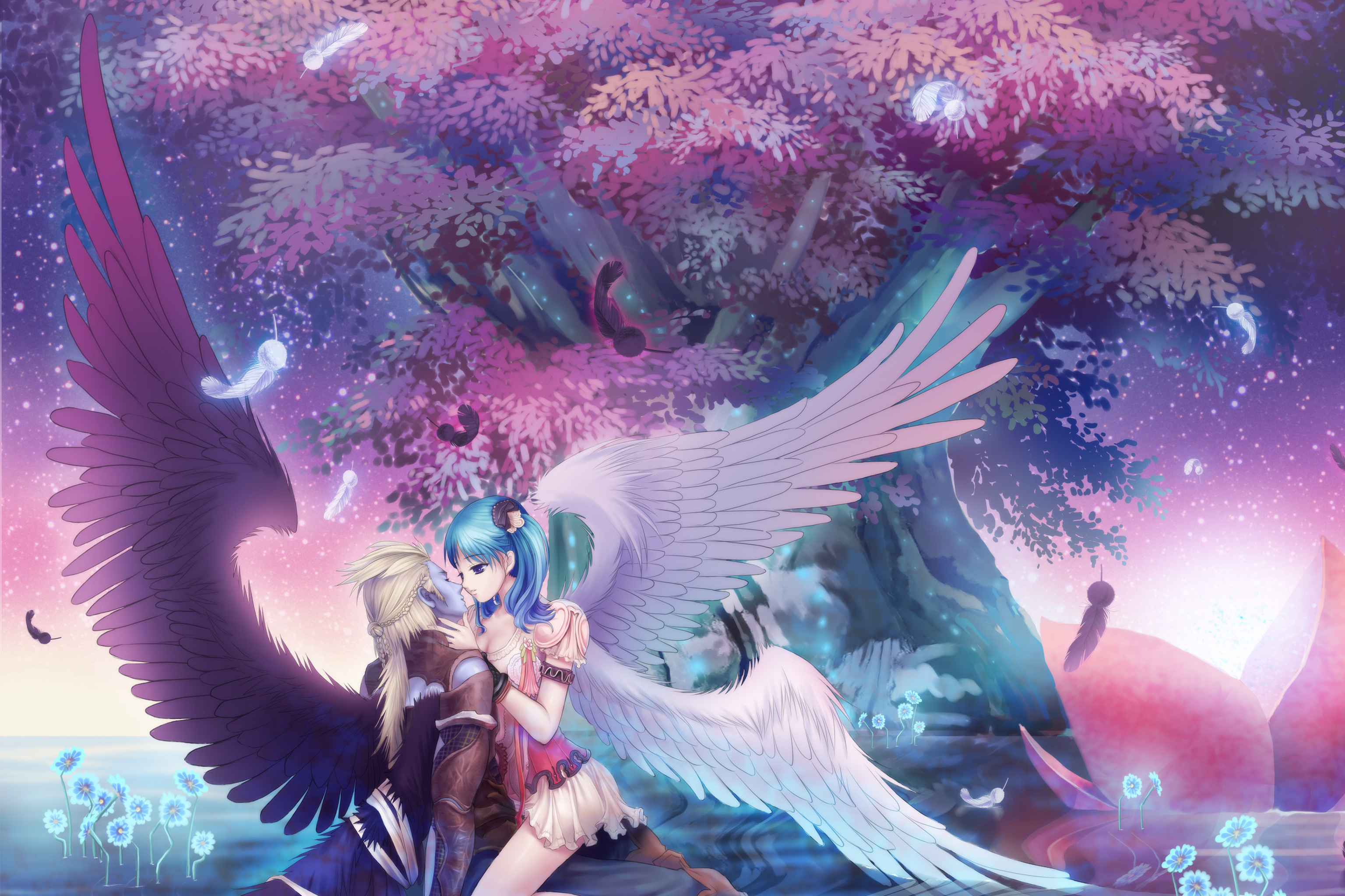 3d обои Ангелы целуются у дерева на закате вокруг них падают перья от крыльев и растут голубые цветы  вода # 21509