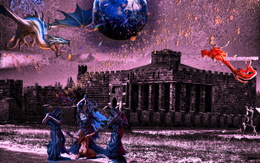 3d обои Жертвоприношение на фоне замка и летающих драконов  драконы