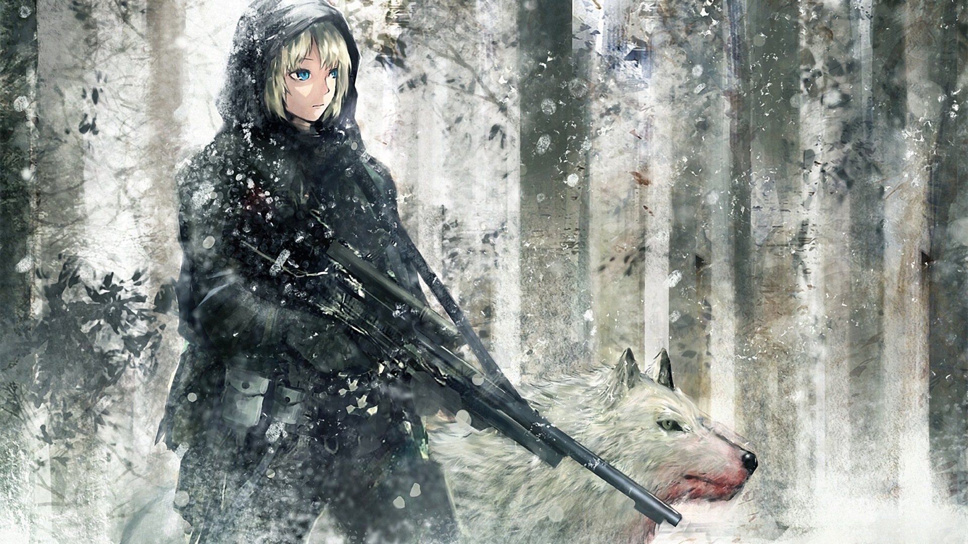 3d обои Девушка с ружьем и белый волк с окровавленной мордой в зимнем лесу  снег # 80477