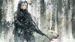 3d обои Девушка с ружьем и белый волк с окровавленной мордой в зимнем лесу  кровь
