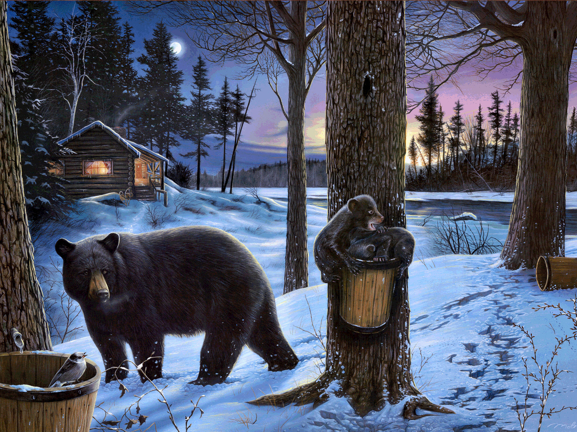 3d обои Медведица с медвежатами опустошает кадушки с соком деревьев  вода # 21503