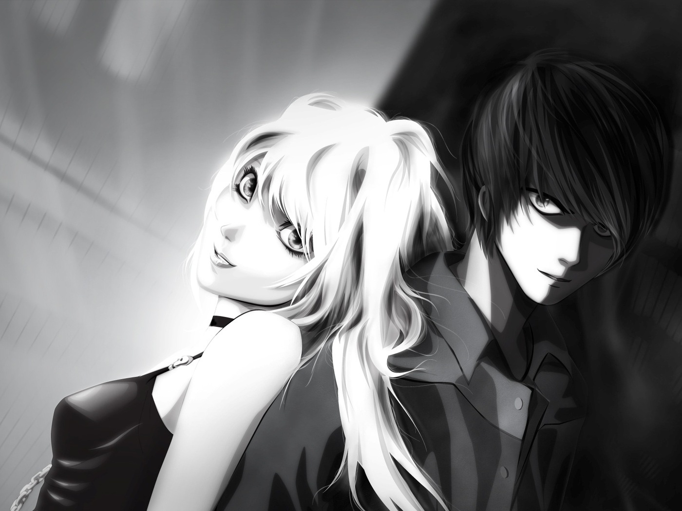 3d обои Аманэ Миса и Ягами Лайт стоят спина к спине (аниме Тетрадь смерти / Death Note)  любовь # 51700