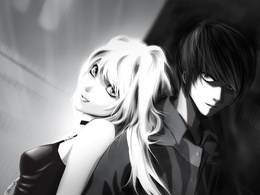 3d обои Аманэ Миса и Ягами Лайт стоят спина к спине (аниме Тетрадь смерти / Death Note)  любовь